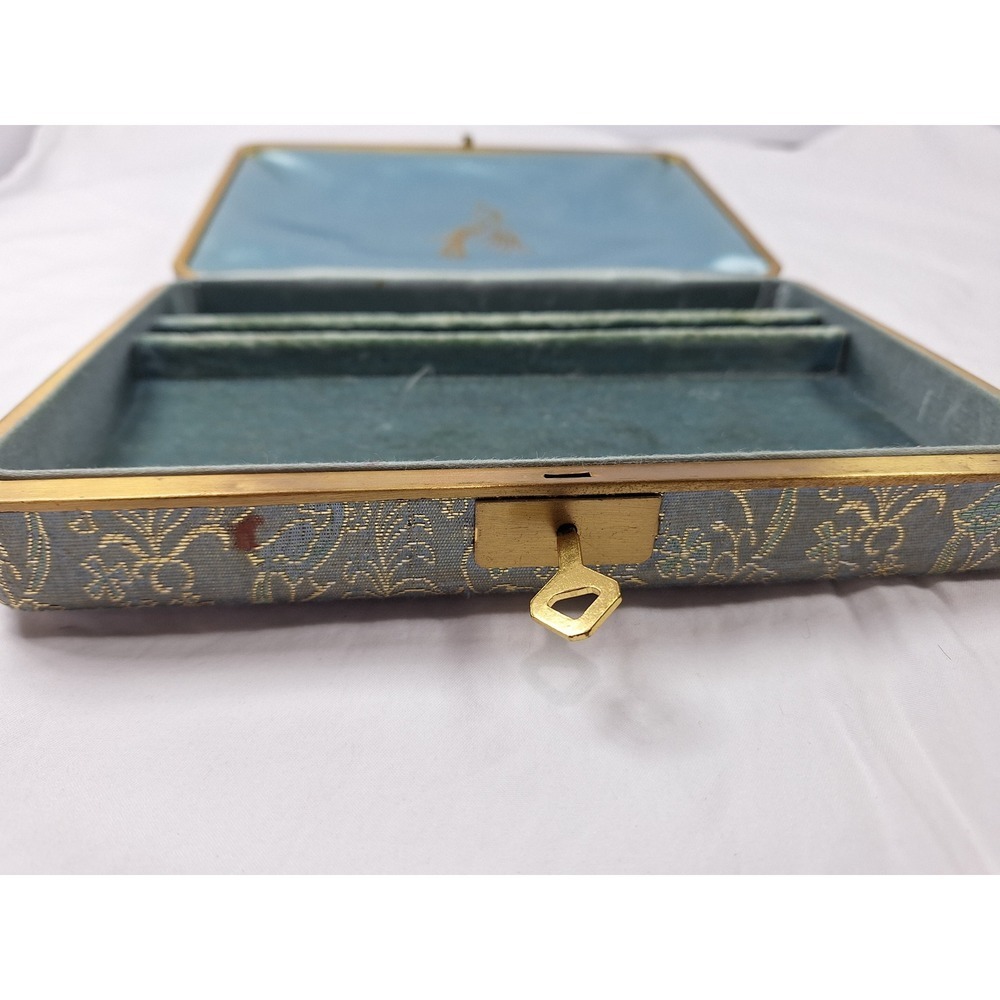 Vintage Blue Silk Brocade Jewelry Box Gold Floral Bird Pattern with Key - Picture 6 of 13